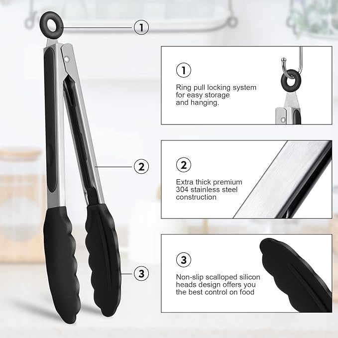 Stainless Steel Locking Kitchen Tongs with Silicon Tips