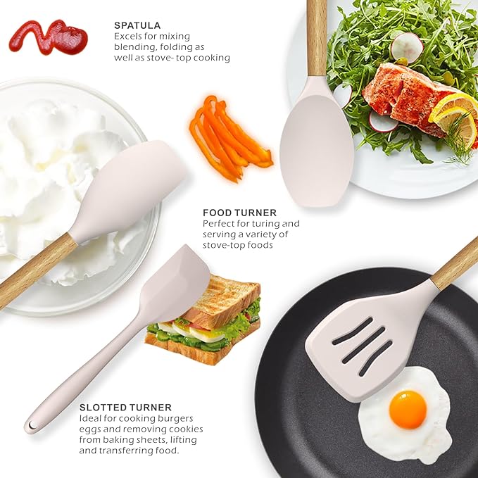 Wooden handles Silicone Kitchen Cooking Utensils